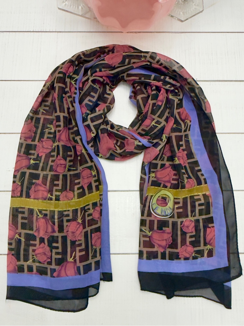 Fendi Silk Scarf Shawl FF Zucca w Roses